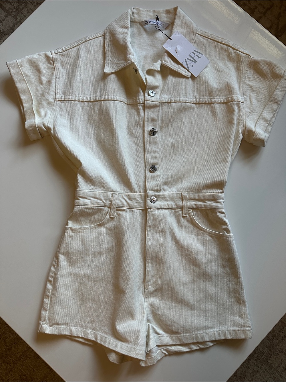 Zara Shimmery Cream Short Denim Romper with Button and Zip Front